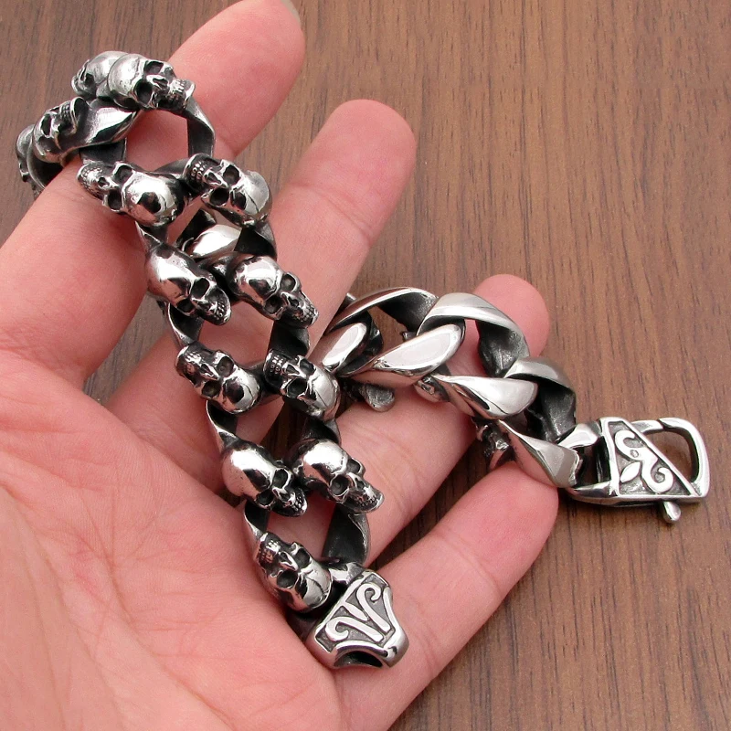 Punk 316L Stainless Steel Small Skull Bracelet  Motor Biker Skeleton Men\'s Bracelets Jewelry