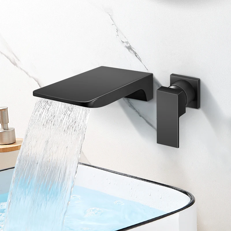 Becola Copper Matte Black Bathroom Water Basin Sink Mixer Tap Bathtub Faucet Soild Brass Bathtub Faucet Waterfall Wall Mount