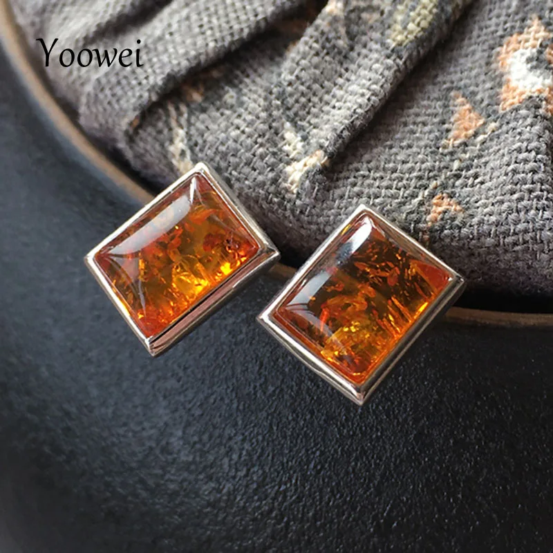 New Amber Earrings for Women S925 Silver Rectangle Floral Stud Ear Jewellery Geometric Trendy Natural Cognac Stone Jewelry Gifts