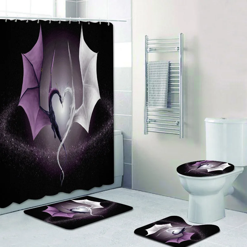 Medieval Fantasy Purple Dragon Shower Curtain Bathroom Curtains Set 3D Galaxy Flying Dragon Bath Curtain Toilet Rugs Mats Decor