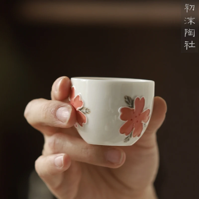 

★ceramics teacups hand-painted apricot blossom heap carved handmade sample tea cup masters cup kung fu tea set