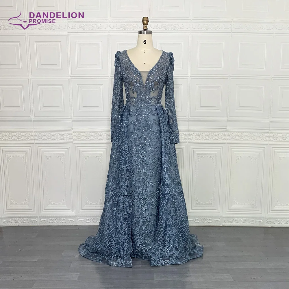 Luxury Dubai Evening Dresses Long Sleeves V Neck Sheer Top Beaded Prom Dress 2020 Handmade Formal Party Gowns