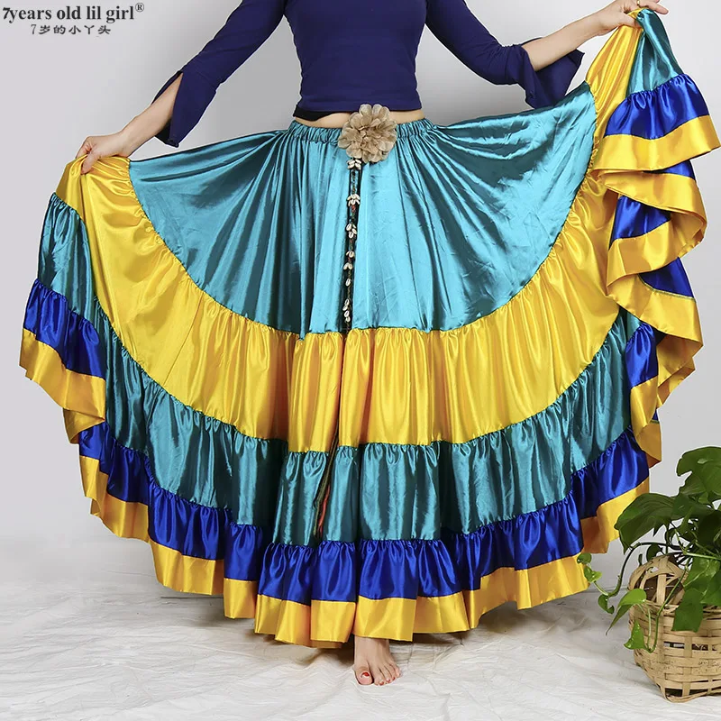 2024 Belly Dancing Tribal Ruffle Flamenco 720 Degree Satin 25 Yard 4 Tiered Skirt Gypsy Skir 9EX54