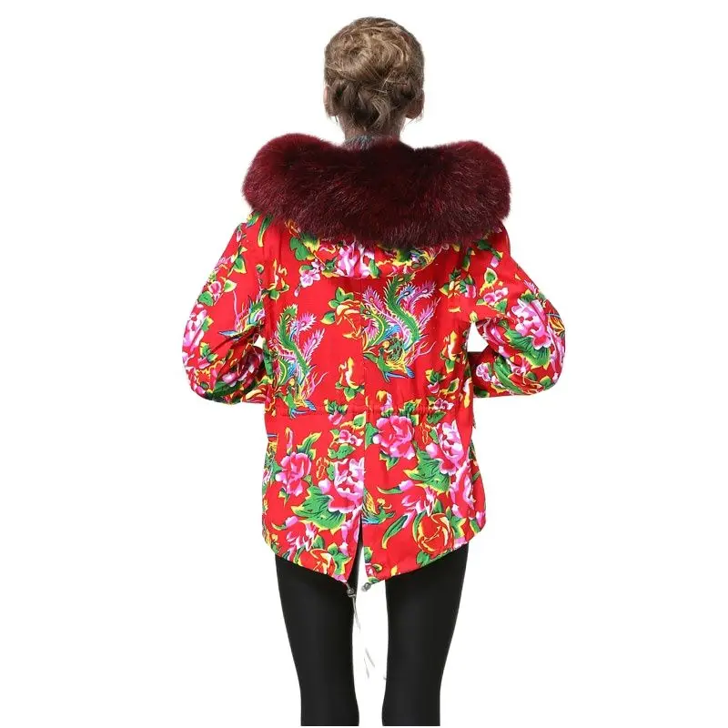 Chinese Traditional Style Dragon And Phoenix Pattern Jacket Women Spring&Autumn Trench Coat With Raccoon Fur Collar