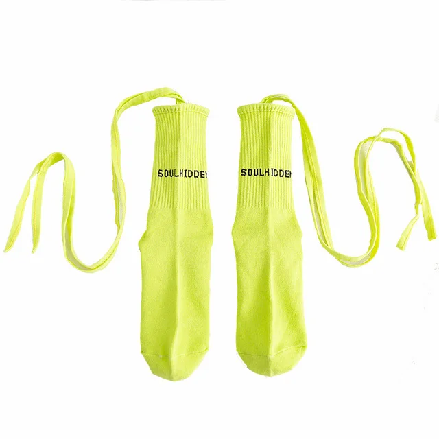 Fashion green Men\'s socks Street Cool Hip Hop Fluorescence Yellow Unisex Women Men ribbon Long socks cotton Funny Socks happy