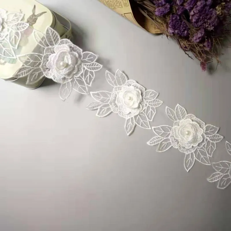 3 yard White Polyester Rose Flower Handmade Embroidered Fabric Lace Trim Applique Ribbon DIY Sewing Craft Decoration 10cm