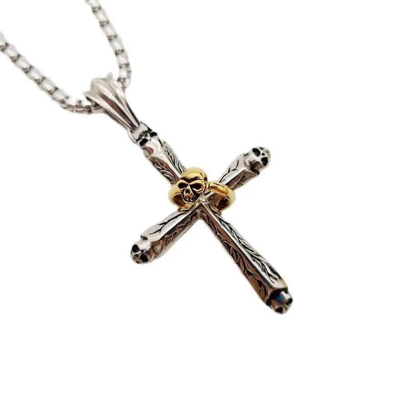 

2 tone cool Skull cross pendant necklace stainless steeel Gothetic skull circle & cross necklace fashion men jewelry