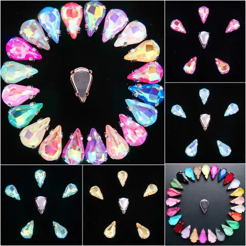 Silver Claw Settings Glass Crystal 50pcs/p Jelly Candy & AB 8*13mm Slim Water Drop Shape Sew Rhinestones Wedding Dress DIY Trim