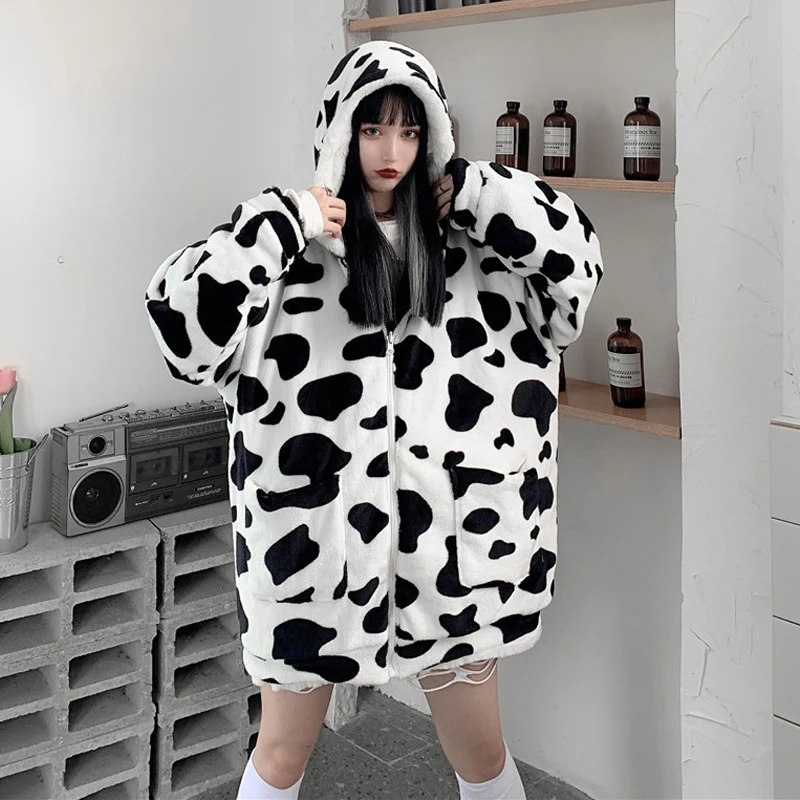 

Novelty Style Cow Pattern Wear On Both Sides Reversible Faux Fur Hooded Padded Jacket Women Winter Loose Thick Warm Coat