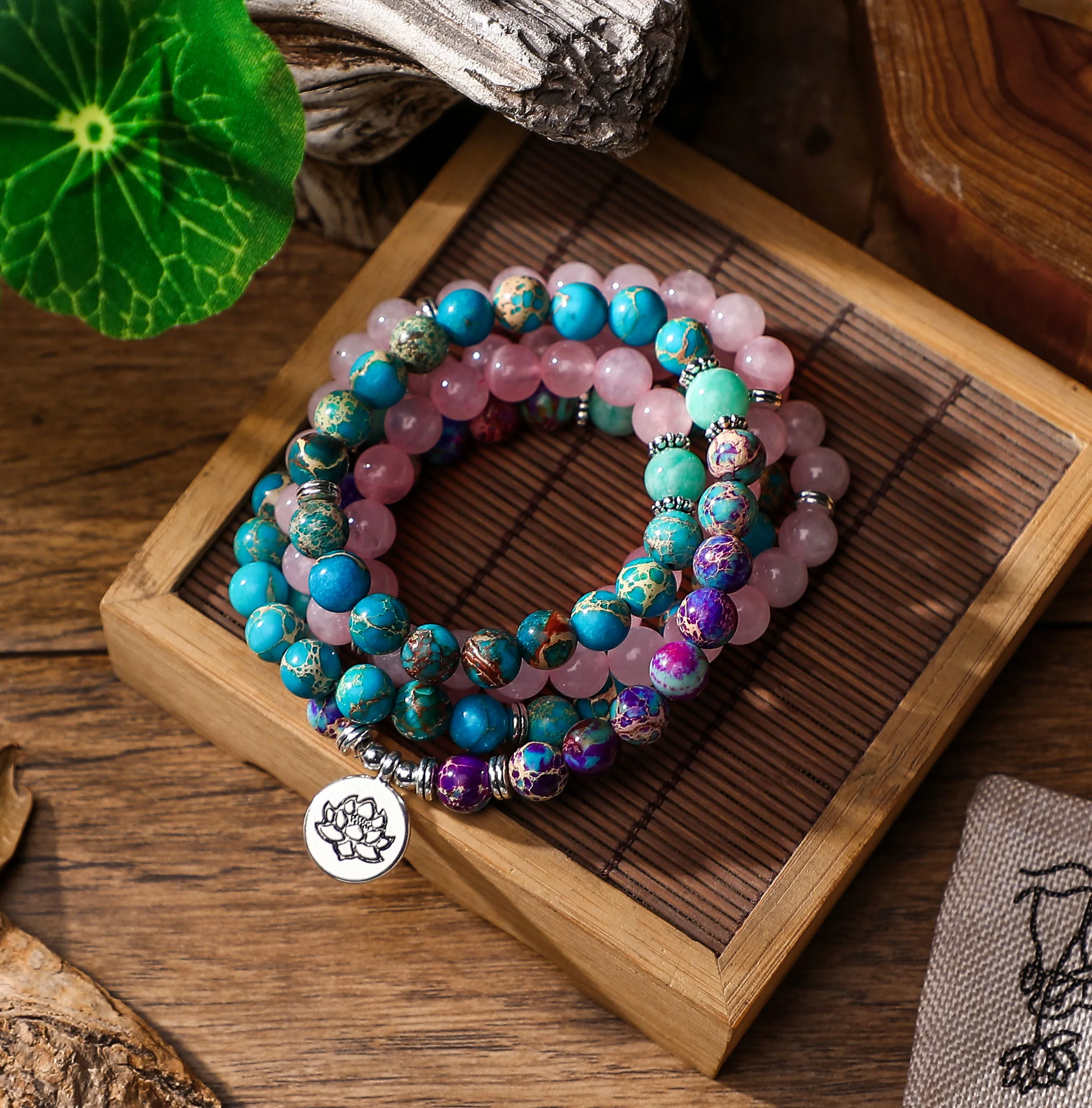 108 Beads Buddhist Mala Wrap Stack Layer Bracelet for Woman Rose Quartz Purple Japer Turqoise Amazonite and Lotus Free Shipping