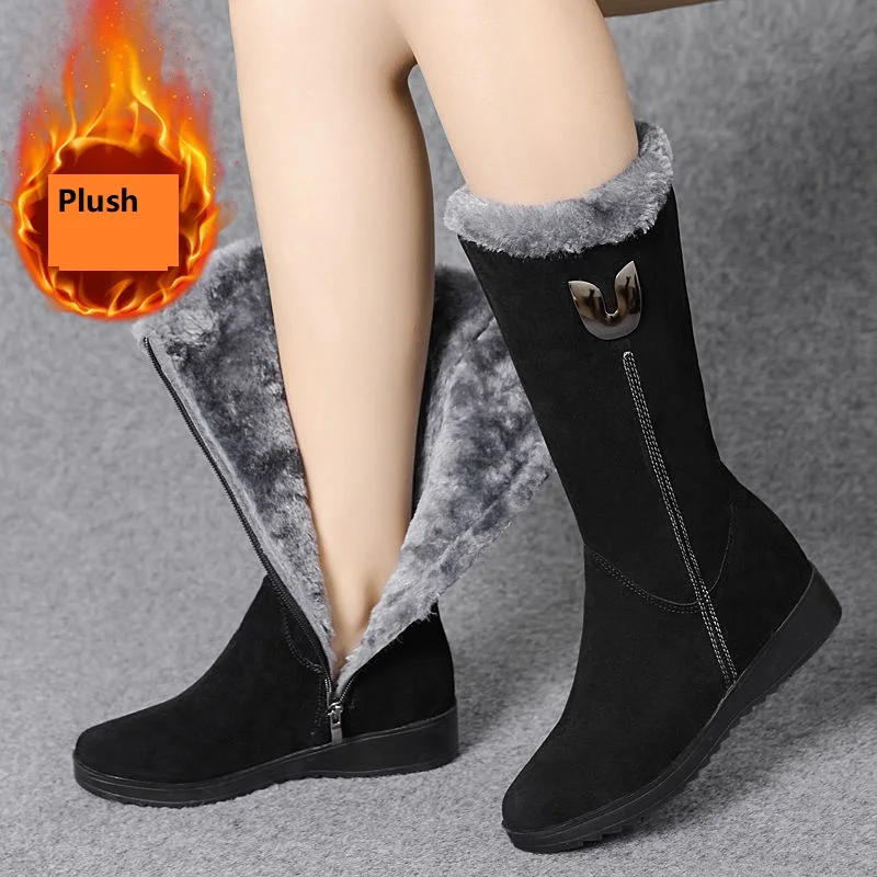 Winter Snow Boots,2021 Women's Cotton Shoes,Warm Plush Platforms,Side Zip,Round Toe,Thick Bottom,Antiskid Female Footware,BLACK