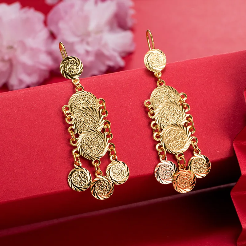 

Dubai Coin Gold Color Earrings 24K For Women Wedding Jewelry Women's Earrings For Girls Bridal Wife Gifts African Dubai French