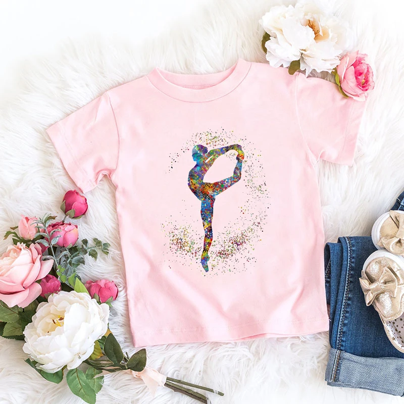 

Fashion Girls T-Shirt Ballet Dancing Girl Gymnastics Graphic Print Kids Tshirt Summer Harajuku Tee Girls Pink Short Sleeve Tops