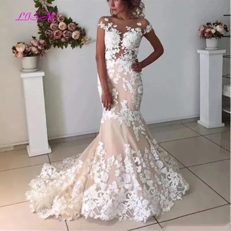 Champagne sereia vestidos de casamento 2020 sexy sem costas robe de mariee vintage rendas floral apliques boné mangas vestidos de noiva