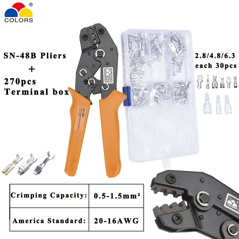 SN-48B Mini Hand Crimping Tool 0.15-1.5mm2 Adjustable Crimper Pliers with 270/600pcs Cable Lugs Assortment Kit Wire Crimp Set