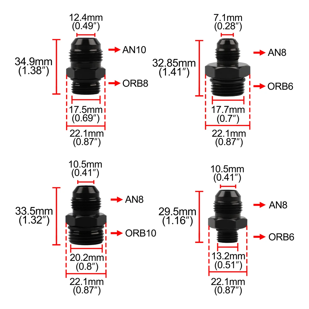 Adapter Fitting Mannelijke Zwart ORB-6 ORB-10 ORB-10 O-ring Boss Naar AN6 6AN AN8 8AN AN1010AN 6061-T6 Aluminium Flare Fitting