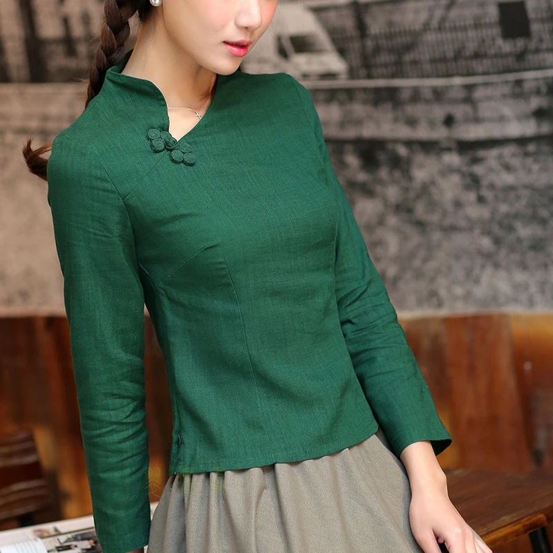 блузки Green Crescent Collar Shirt Tops Mujer Camisa Female Blouse Traditional Chinese Womens Cotton Linen Clothings