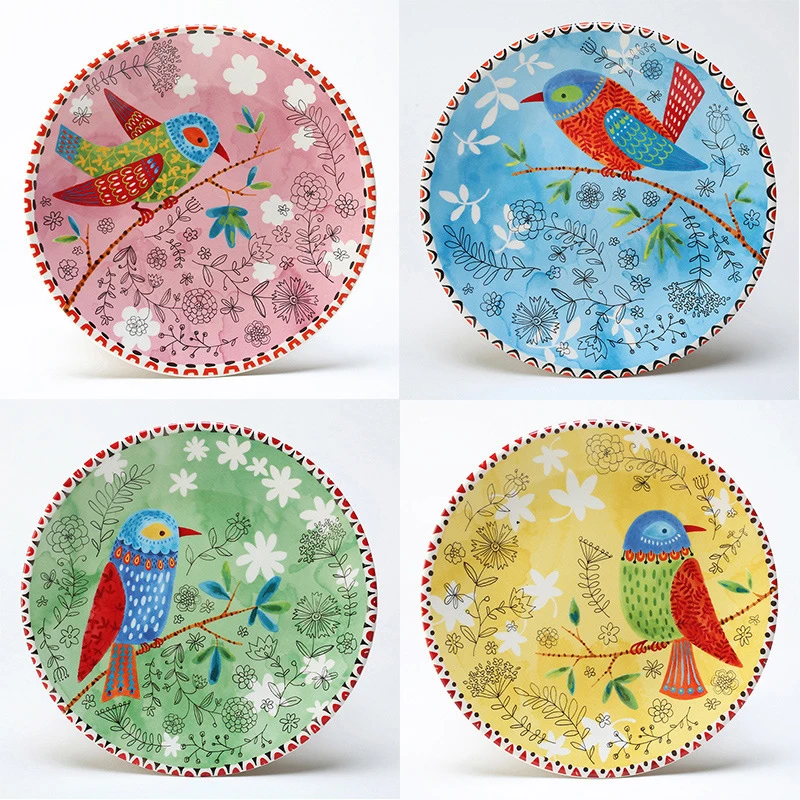 8 Inch Ceramic Plate Round Hand-Painted Flower Tableware  Fruit Salad Dishe Household Combination Plate Set Decorative Tableware