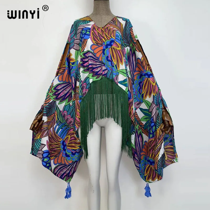 Europe Beach Cover Up Swimwear holiday fashion print WINYI Maxi women's beach evening party dress tassels jacket party dress