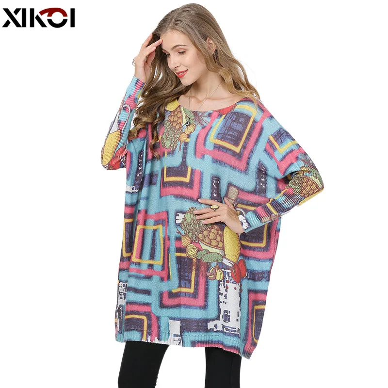 New Novel Fruit Maze Knitted Sweater Women Winter Jumper Patchwork Print Oversized Dress O-neck Wool Pull Femme Loose Pullovers