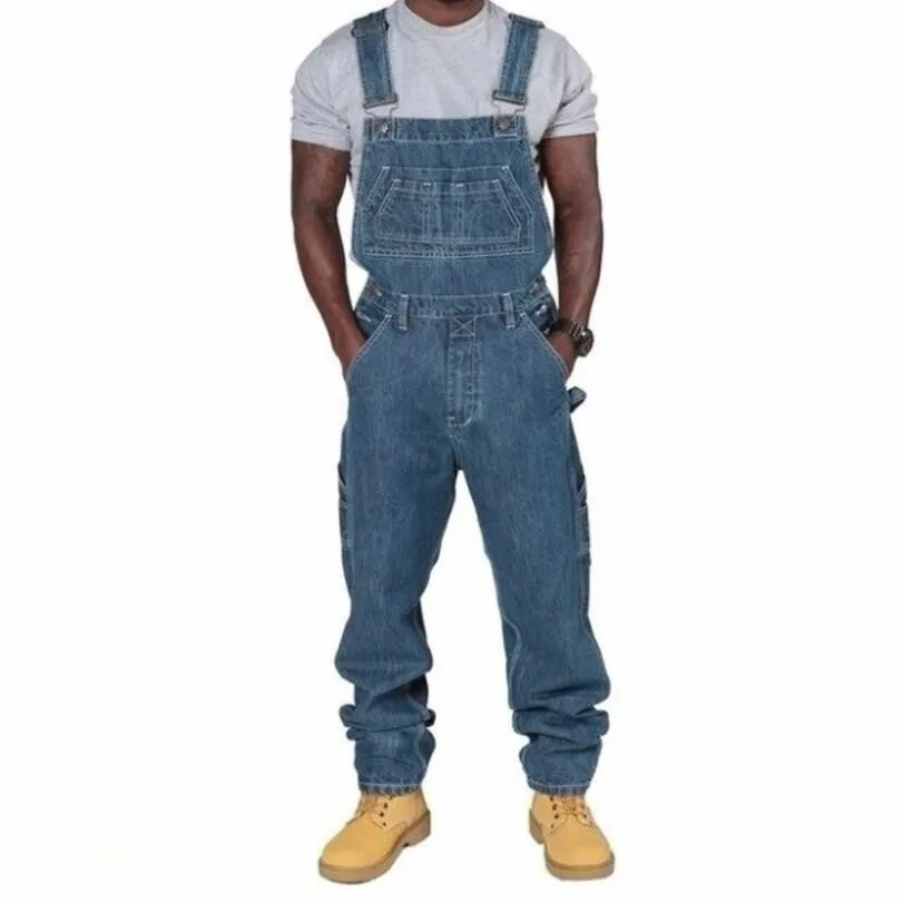 

Jean Jumpsuit For Men's Straight Denim Overalls Pants Casual Loose Multi-pocket Suspender Pants Man Trousers w225