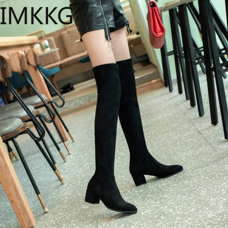 Women Over The Knee High Boots Hoof Heels Winter Shoes Pointed Toe Sexy Elastic Fabric Women Boots