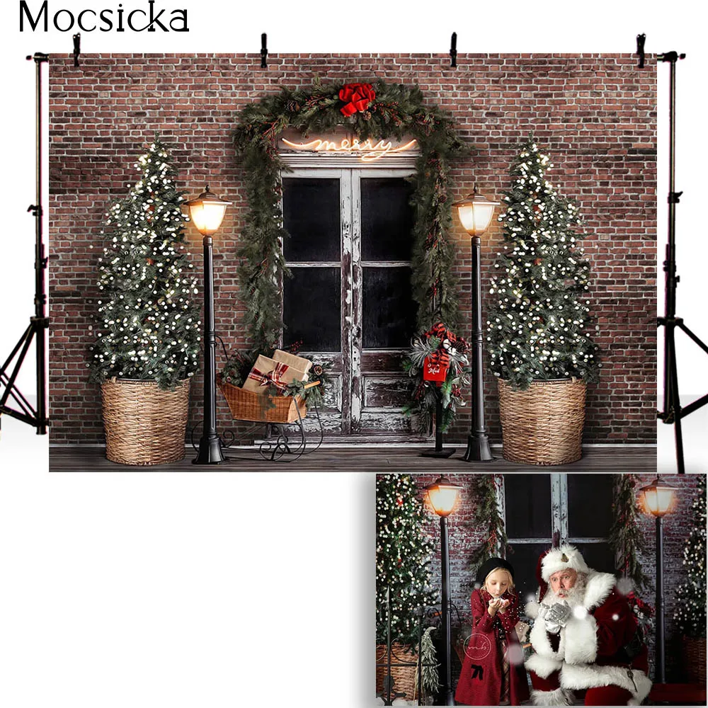 Mocsicka Merry Christmas Backdrop Fireplace Brick Xmas Tree Background Photographic Kid Family Photobooth Props Studio Photocall