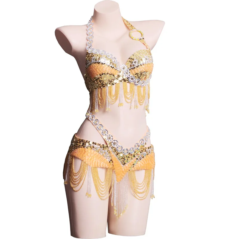 Rhinestones Belly Dance Bra Belt Women Belly dance Costumes Belly dance wear Belly dancer outfit halter Bra waist chain Belt Set