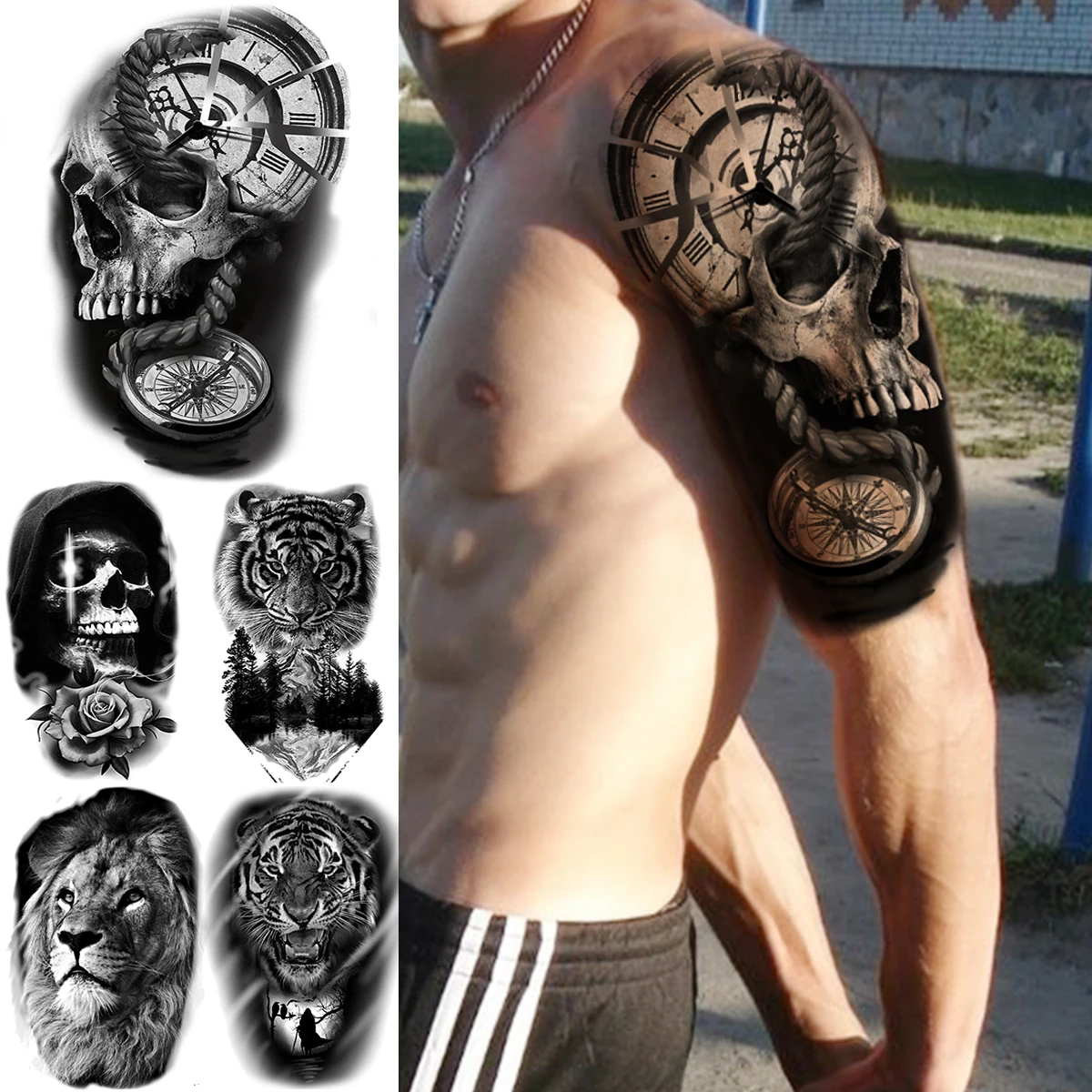 Large Black Skull Compass Arm Temporary Tattoos For Men Adult Lion Tiger Fake Tattoo Sticker Body Art Transfer Tatoos Skeleton