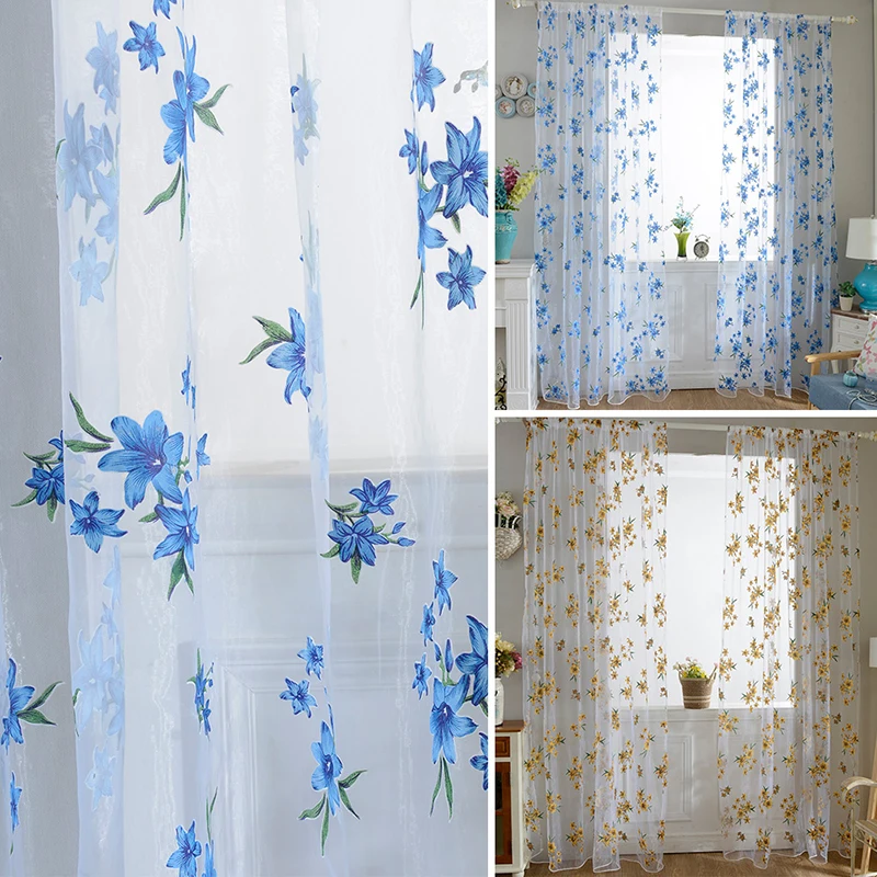 1pcs Sheer Stylish Floral Tap Top Curtain Window Living Room Drapes Curtains Panel for Bedroom Home Decor 2m X 1m(L X W)