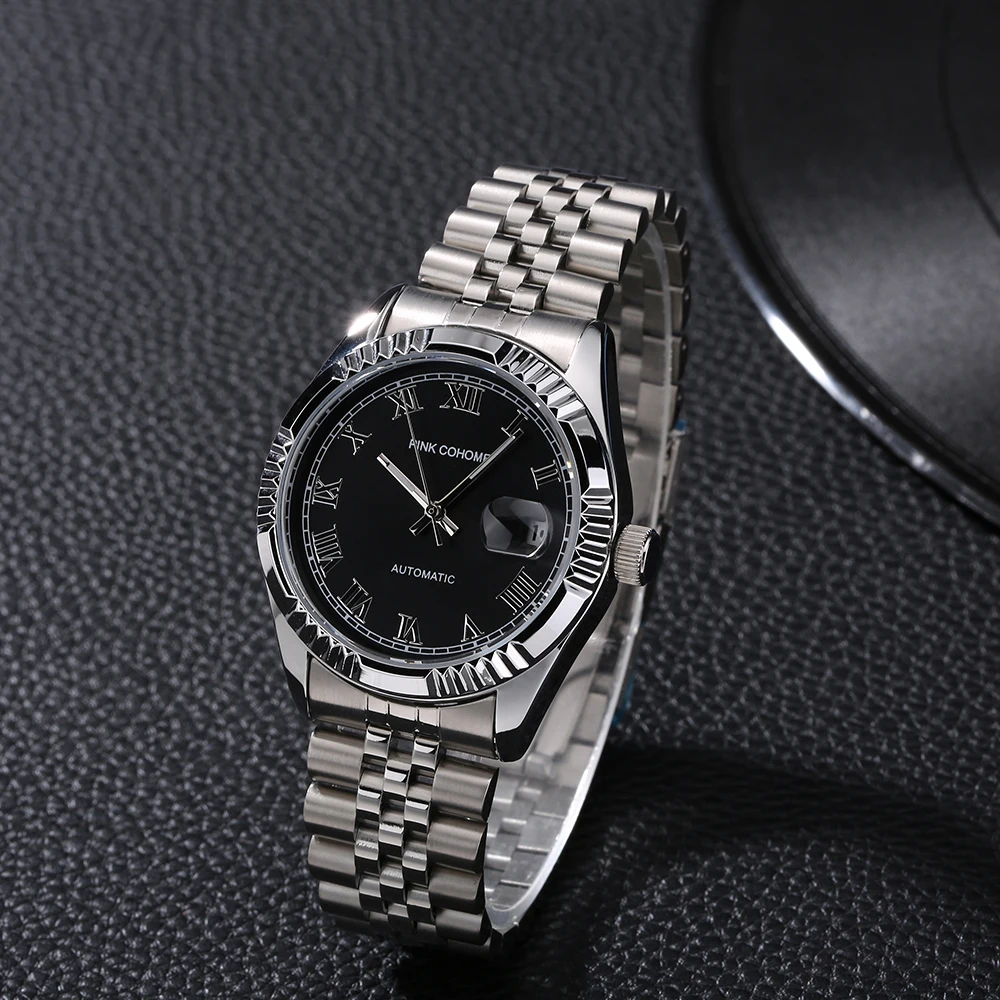 Male Automatic Watch Blue Dial Face Steel Bracelet Wristwatch Business Man Waterproof Brand Logo Mechanical Clock Mechanism