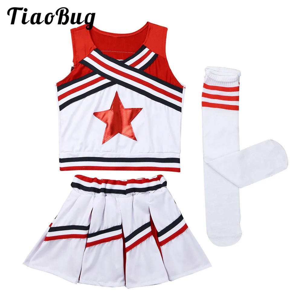 Kids Girls Cheerleader Costume Sleeveless Tops With Shorts Skirt Socks Set School Musical Team Suit Cheerleading Uniform