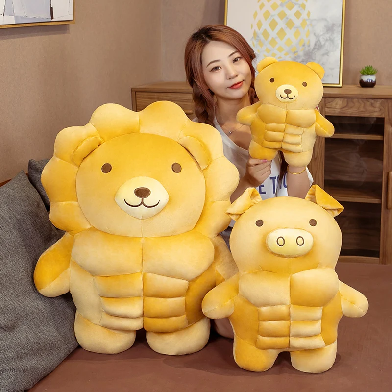 Cute Plush Muscle Animals Pillow Stuffed Soft Muscle Bear Lion Pig Soft Doll Fluffy Bread Animal Doll Gift for Girlfriend