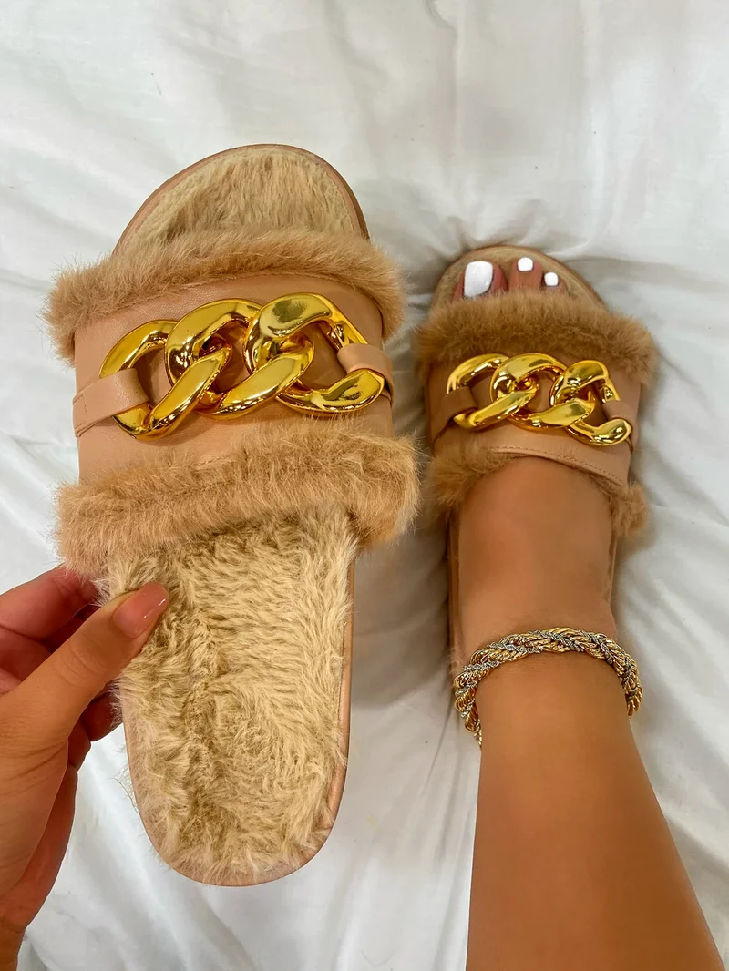 2023 Winter Plush Slippers Fashion Open Toe Solid Color Women\'s Sandals Metal Chain Outdoor Casual Women\'s Shoes Fashion Shoes