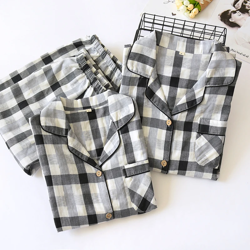 Men and Women Leisure Loose Plaid Printing Pajamas Sleepwear Comfortable Cotton Gauze Long Sleeve Pajama Home Clothes Loungewear