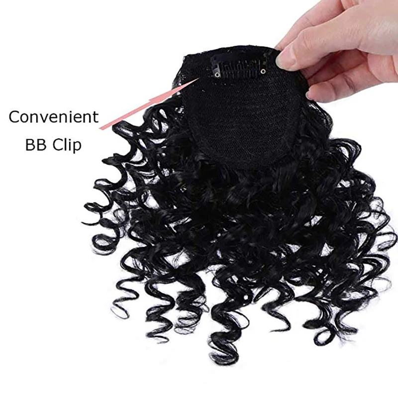 BUQI Gefälschte Fringe Verworrene Lockige Clip in Pony Perücke Falsche Natürlichen Haar Pony Synthetische Haar Stück Für Mode Frauen