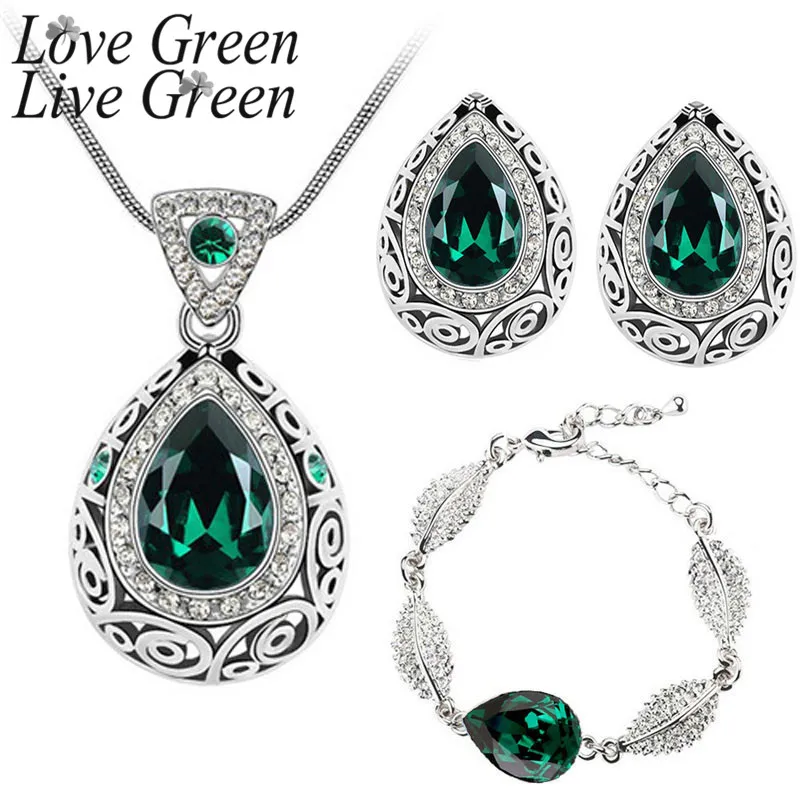 Retro Water Drop Crystal Bridal Jewelry Sets New Snake Chain Rhinestones Leaf Bracelets For Women Necklac Parti Earring Gift