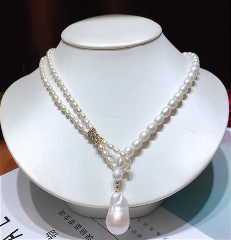 

HABITOO White Cultured Freshwater Rice Pearl Pendant Necklace 18inches Simple Design Jewelry for Women Charming Gifts Daily Wear