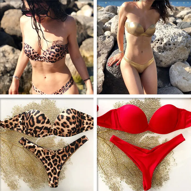 New Fashion Women Leopard Padded Bra Bikini Set Swimsuit Ladies Bandage Push-up Triangle Swimwear Two-Piece Suits Summer New