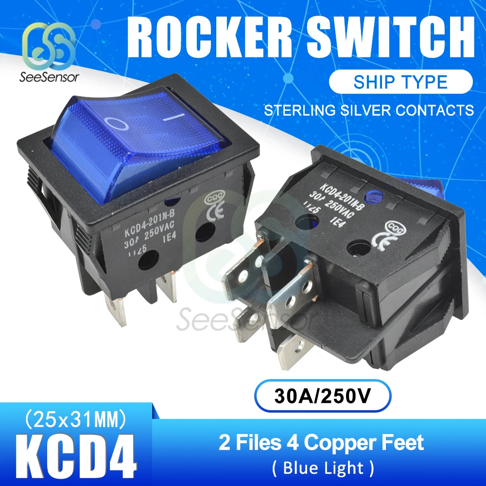 5PCS KCD4 Rocker Switch Power Switch ON-OFF 2 Position 4 Pins / 6 Pins Electrical Equipment With Light 30A 250VAC
