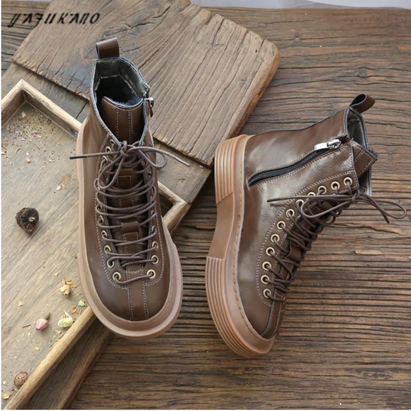 Mori Literary Retro Lace-Up Round Toe Thick-Sole Big Head Doll Shoes Leather Women Boots Plus Velvet Fashion Casual Ankle Boots