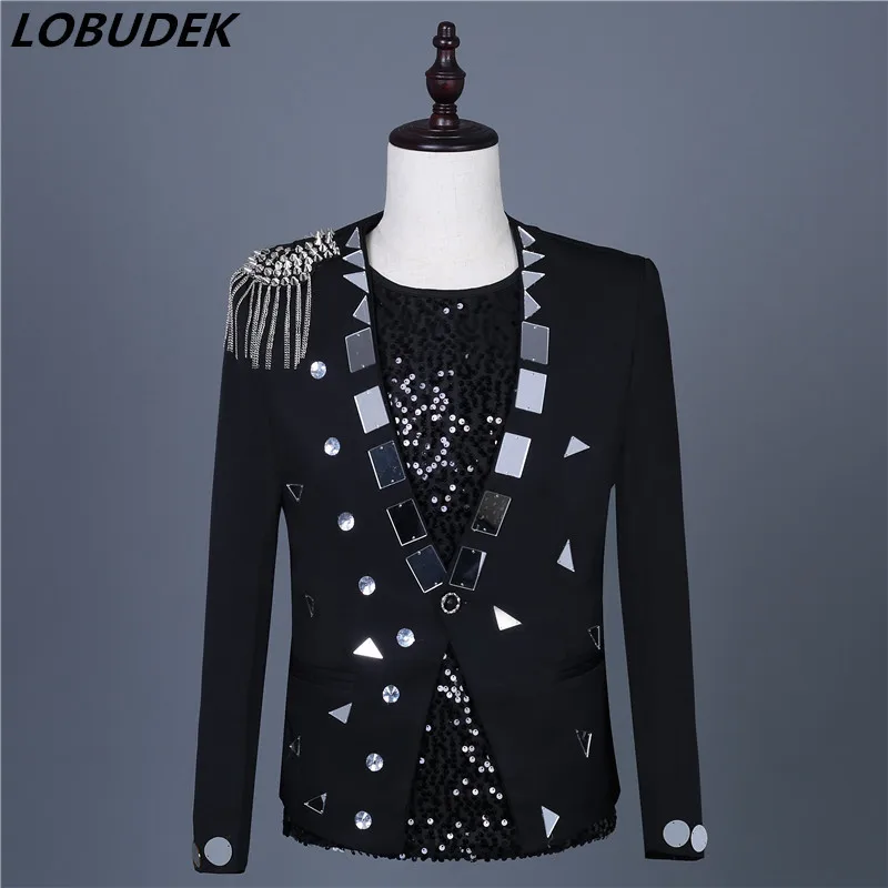 

Bar Nightclub Tide Male Singer Sequins Jacket Stage Wear Black Silver Sequined Rivet Jackets Slim Fit Coat Blazer Host Costume