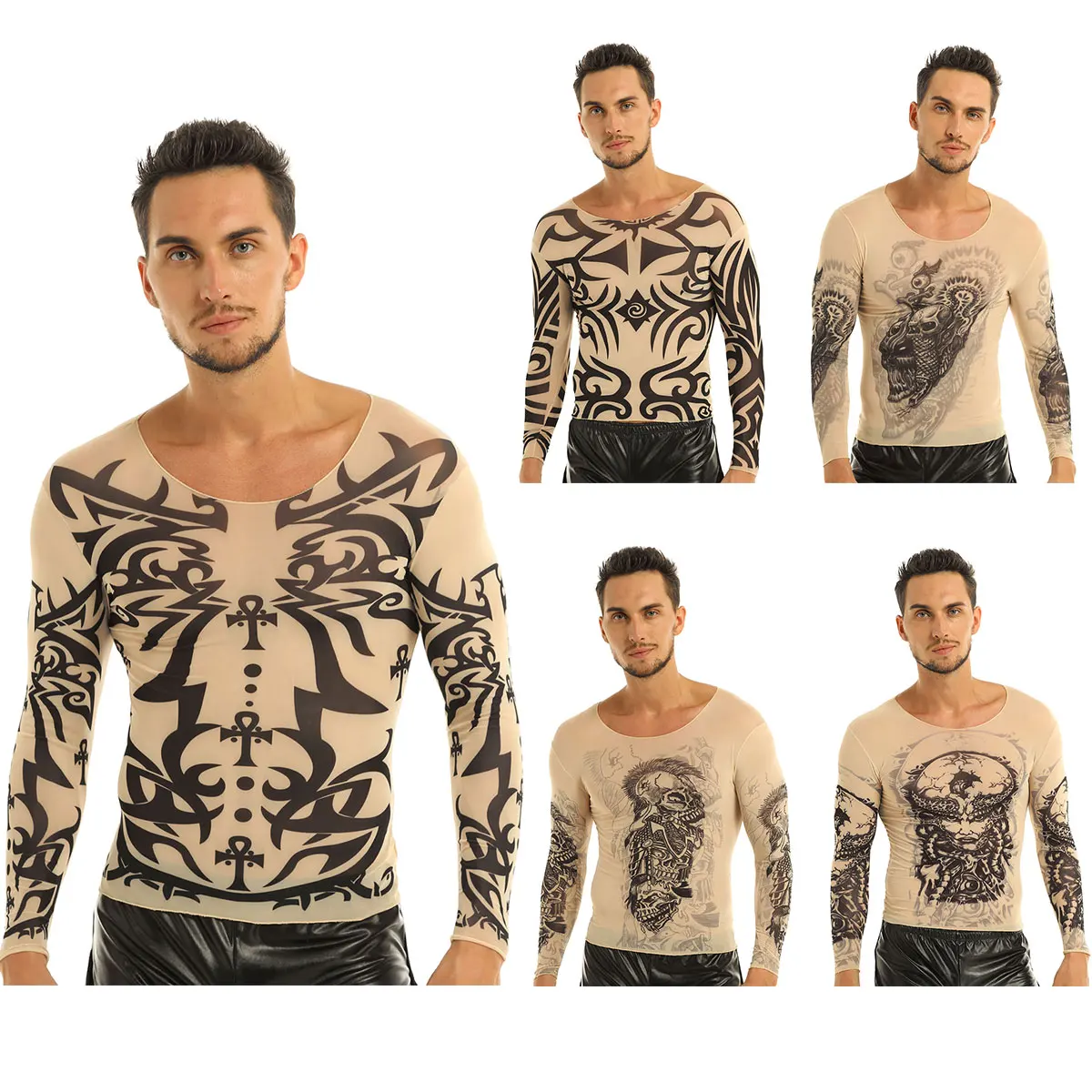 Men\'s Tattoo T-Shirts O-Neck See Through Long Sleeve Fake Tattoos Printed Design Stretchy Sexy Tops Male Fancy Party Costume