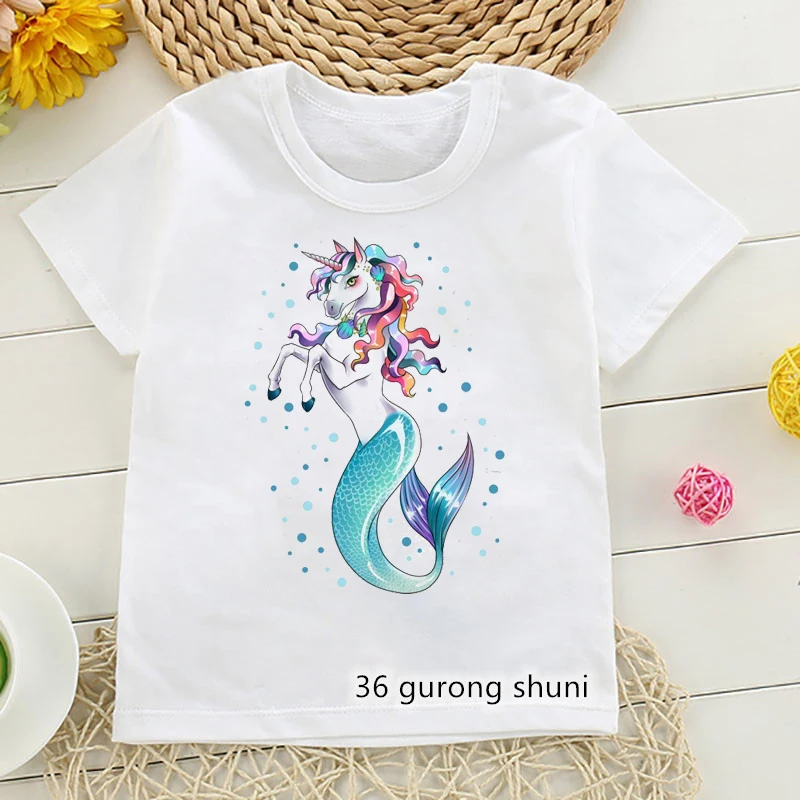 Camiseta Kawaii para niñas, ropa divertida con estampado de dibujos animados de peces y unicornios, camiseta de verano de alta calidad, camisetas Rosas y blancas