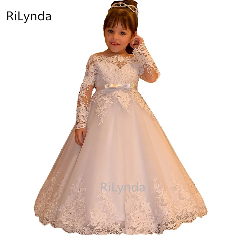 Vestido de flores blanco/Marfil para niña, fiesta de cumpleaños, boda, ocasión Formal, cinturón con cuentas, Princesa, apliques, lazo de encaje, primera commun