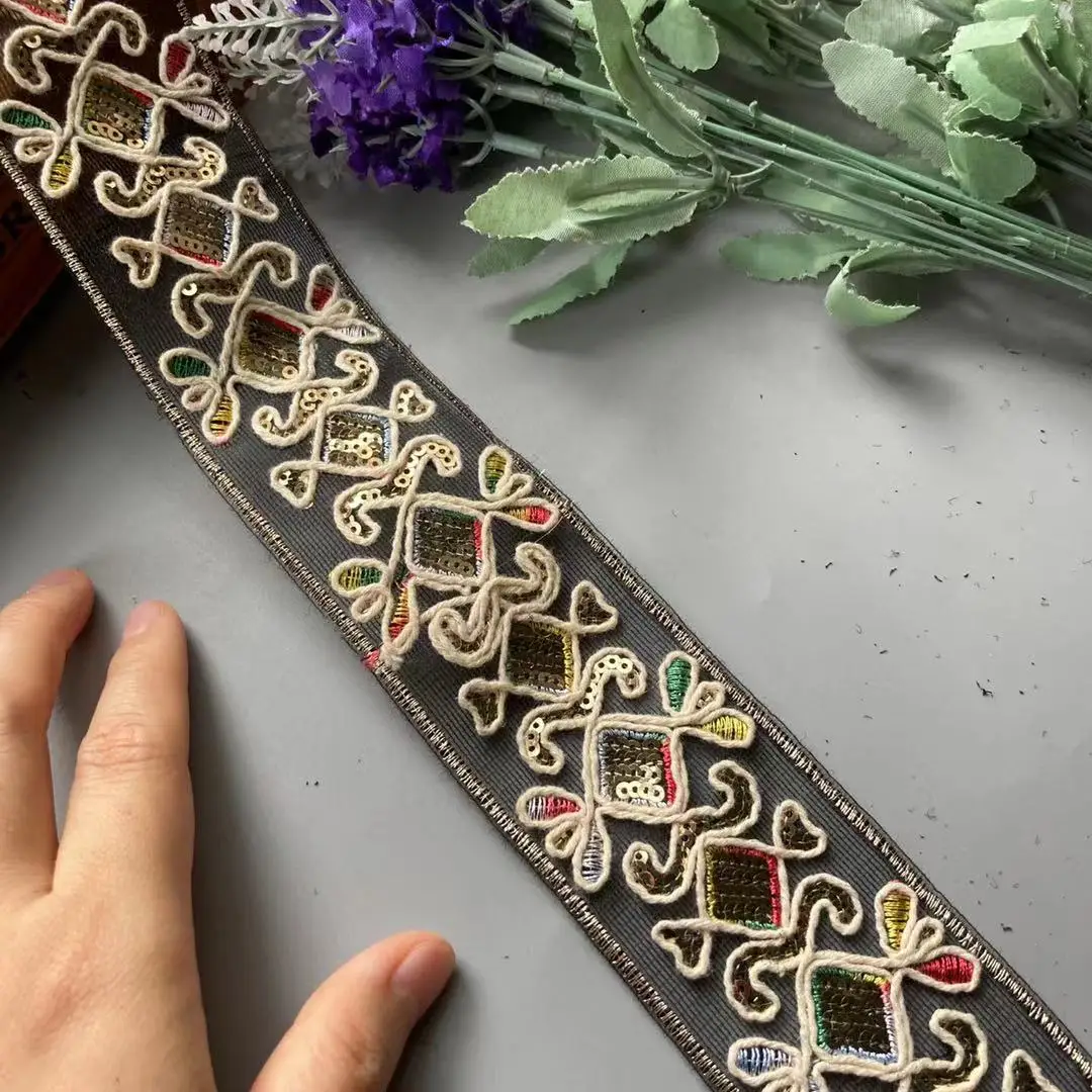 Afbeelding 6: 1 yards kanten versieringen 50 mm veelkleurig etnisch draad mesh pailletten singels lint tape schoenen jurk decoratief geborduurd doe-het-zelf naaien