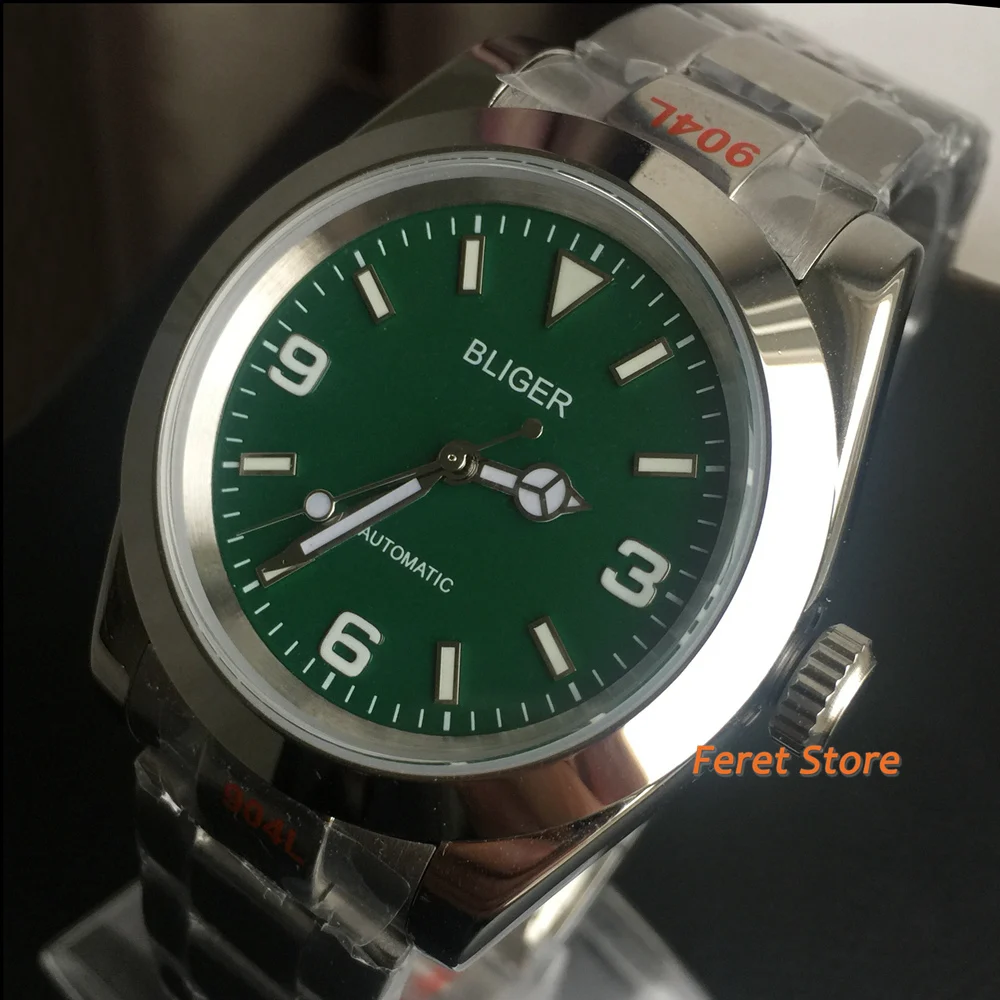

BLIGER 36/39mm Polished Bezel Men Watch Sapphire Glass Luminous Green Dial NH35 Miyota8215 Mingzhu2813 Movement Automatic Watch