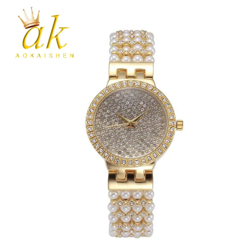 Women Watch Pearl Wrist Quarz Real Gold Hip Hop Jewelry