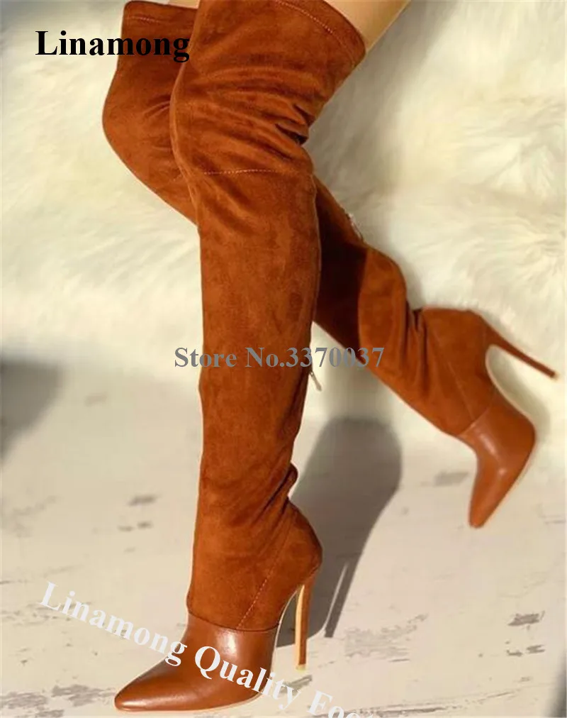 

Linamong Patchwork Brown Over Knee Stiletto Heel Gladiator Boots Suede Leather Slim Style Long High Heel Boots Formal Dress Heel