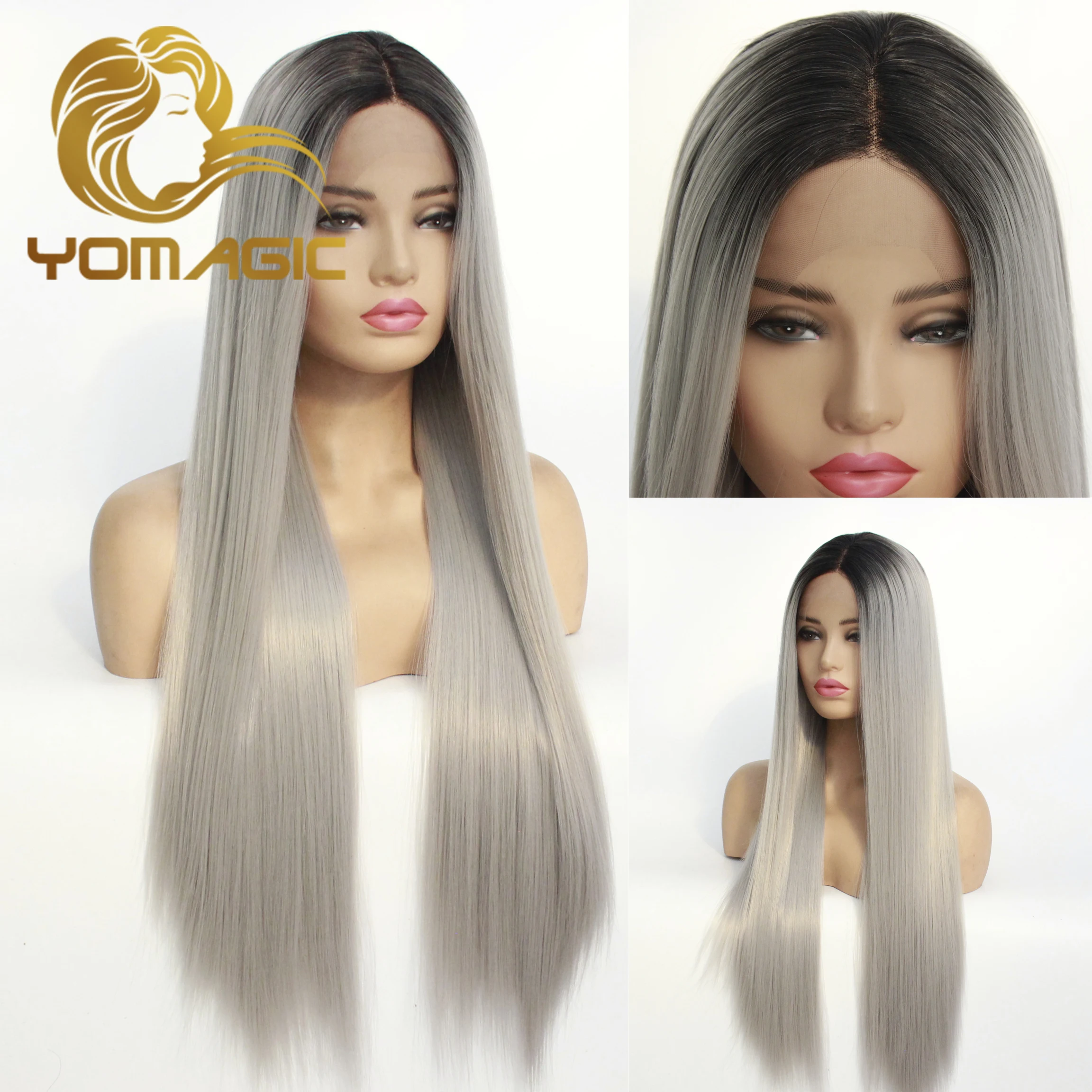 

Yomagic Ombre Gray Synthetic 13X3 Lace Front Wigs With Baby Hair Straight Heat Resistant Lace Wigs For Women Pre Plucked